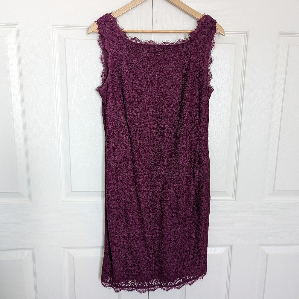 Adrianna Papell women's deep purple sleeveless lace sheath dress, size 10